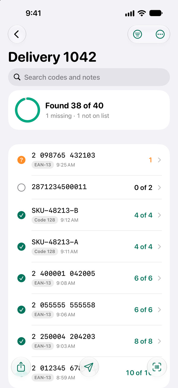 The checklist Delivery 1042 in Barcoder for iPhone: found 38 of 40, with one code missing and one not on the list.