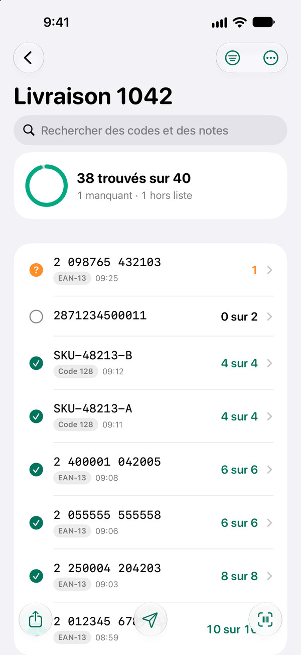 La liste de contrôle d’une livraison dans Barcoder pour iPhone&nbsp;: 38 codes trouvés sur 40, un manquant et un hors liste.