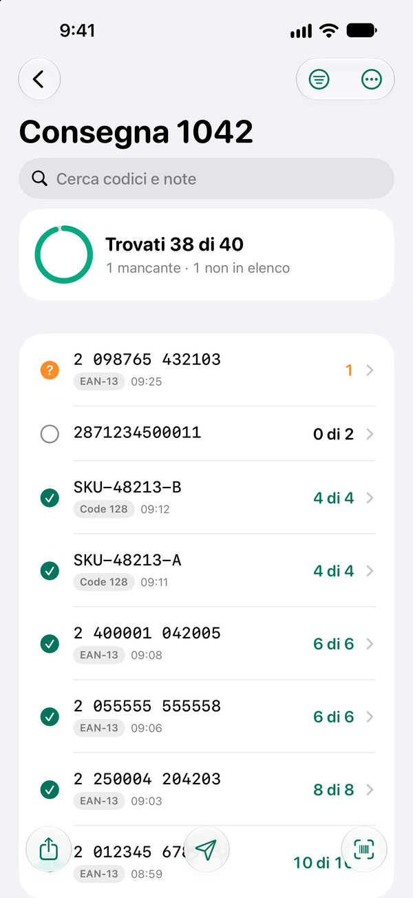 L’elenco di controllo di una consegna in Barcoder per iPhone: trovati 38 codici su 40, uno mancante e uno non in elenco.