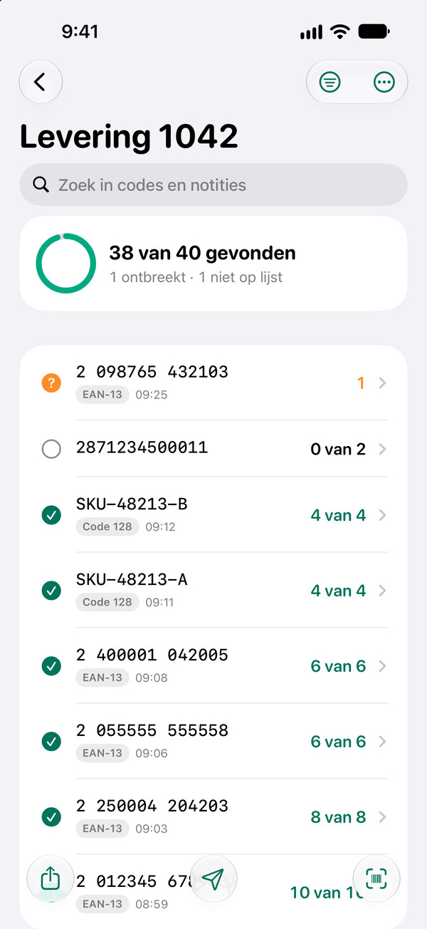 De checklist 'Levering 1042' in Barcoder voor iPhone: 38 van 40 gevonden, één code ontbreekt en één staat niet op de lijst.