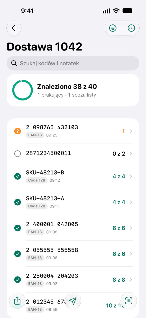 Lista kontrolna „Dostawa 1042” w aplikacji Barcoder na iPhone’a: znaleziono 38 z 40, brakuje jednego kodu, a jeden jest spoza listy.