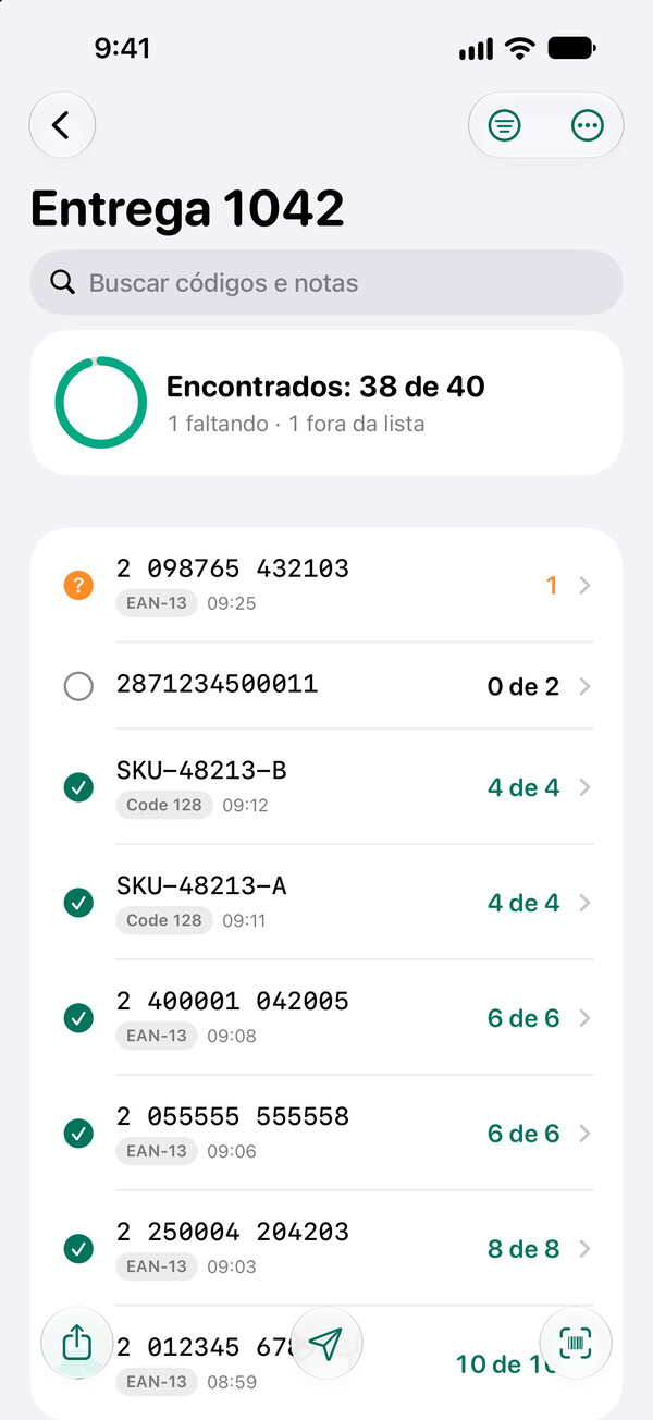 A lista de conferência de uma entrega no Barcoder para iPhone: 38 de 40 encontrados, com um código faltando e um fora da lista.