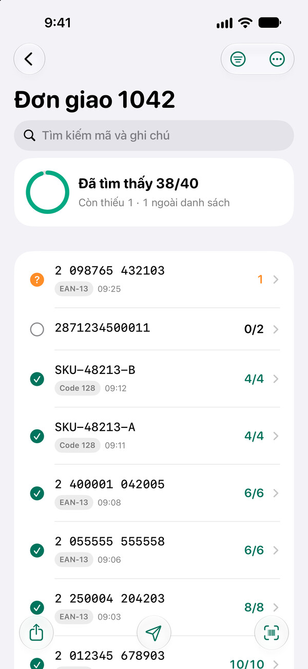 Danh sách đối chiếu “Đơn giao 1042” trong Barcoder cho iPhone: đã tìm thấy 38/40, còn thiếu một mã và có một mã ngoài danh sách.