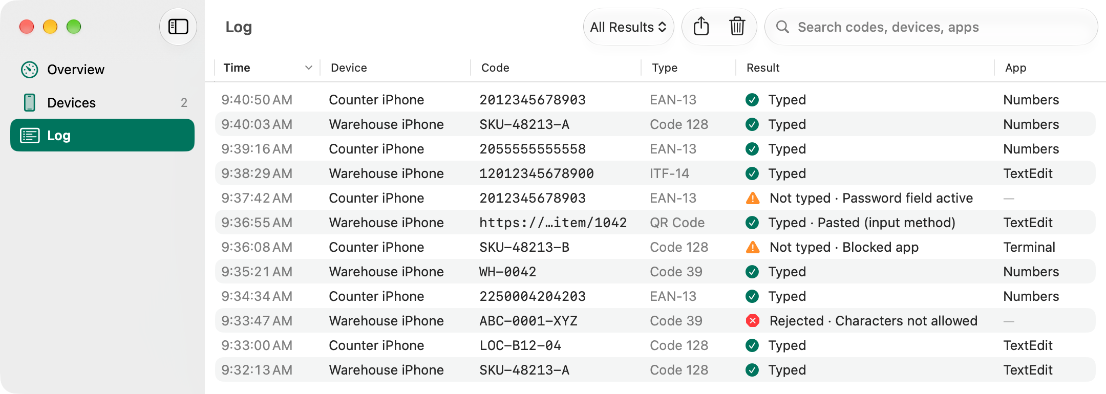 The Log window of Barcoder for Mac with the 12 latest scans from Counter iPhone and Warehouse iPhone: 9 typed into Numbers or TextEdit, 2 not typed because a password field was active or the app in front is blocked, and 1 rejected.