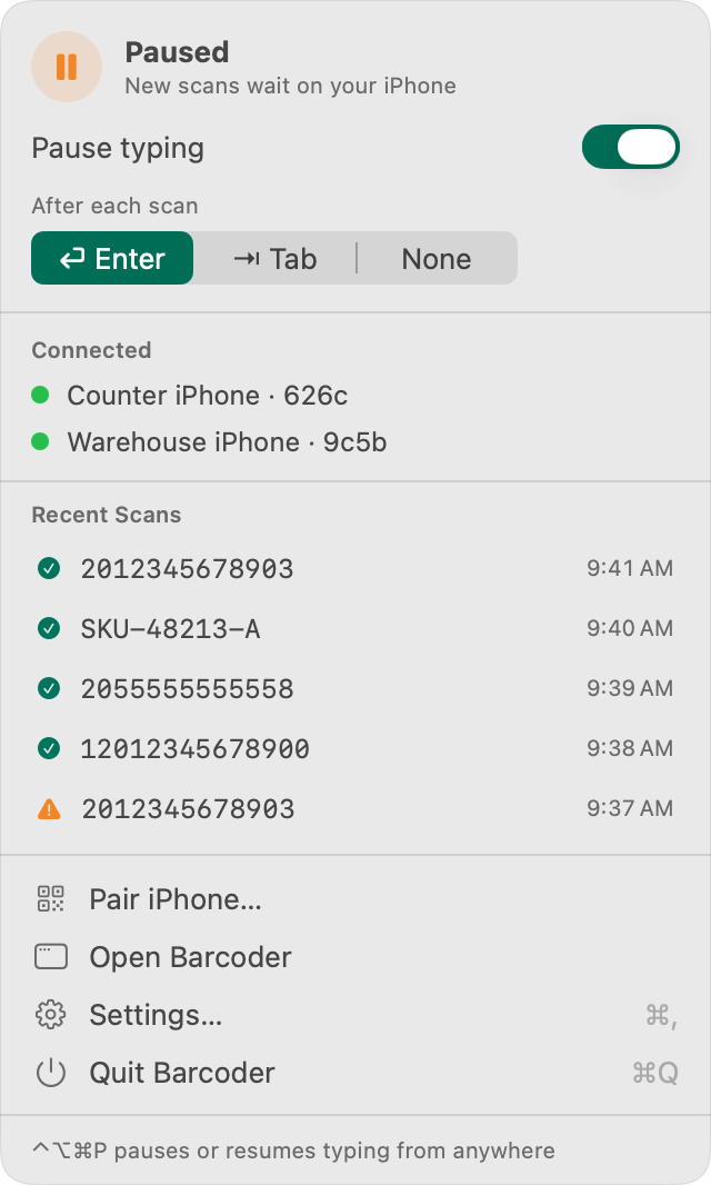 The menu bar panel of Barcoder for Mac with typing paused: the Pause typing switch turned on, a choice of Enter, Tab or None after each scan, the connected iPhone devices and the five most recent scans.