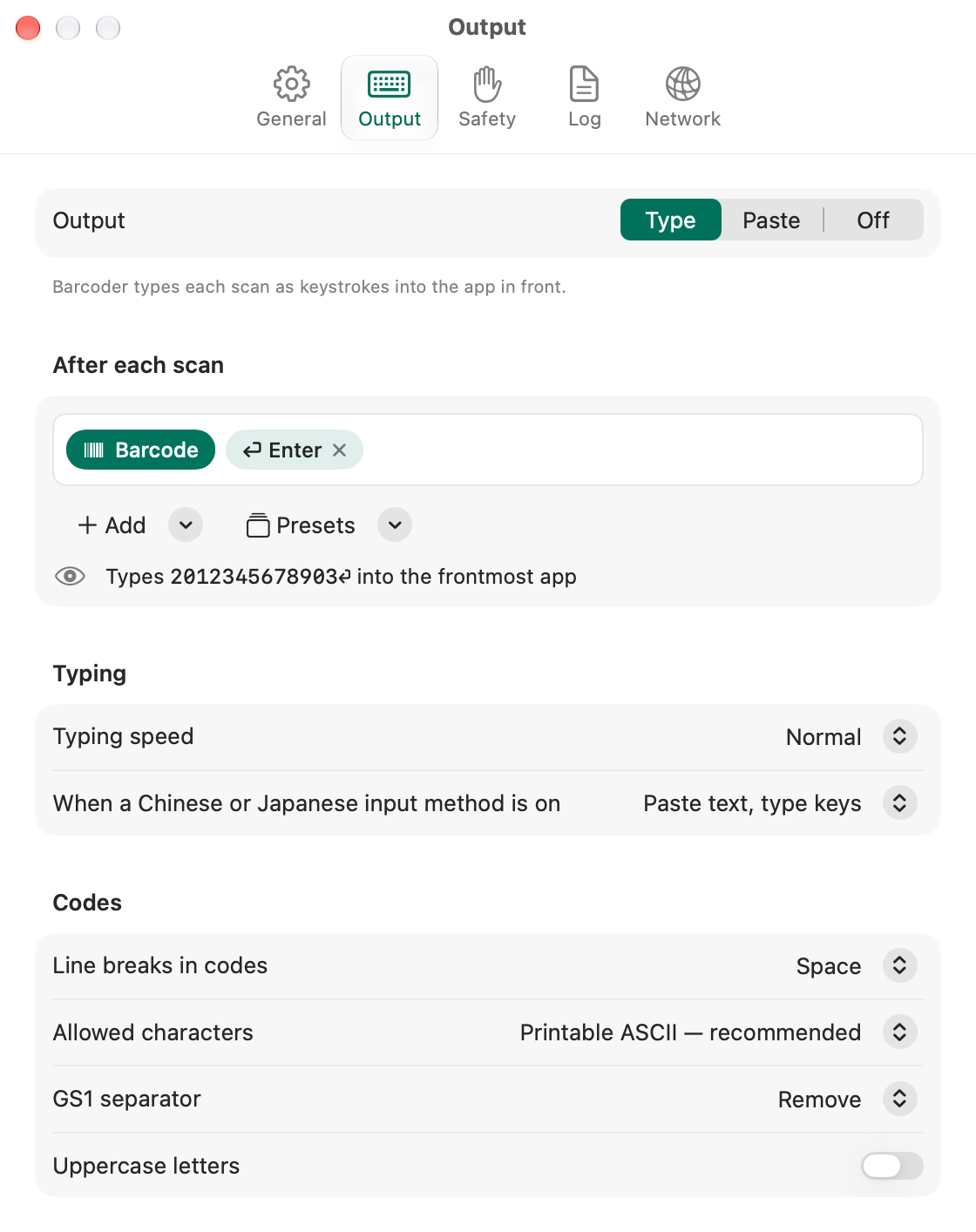 The Output settings of Barcoder for Mac: Type mode, a template made of the barcode followed by the Enter key, and a live preview showing that a sample code and then Enter are typed into the frontmost app.