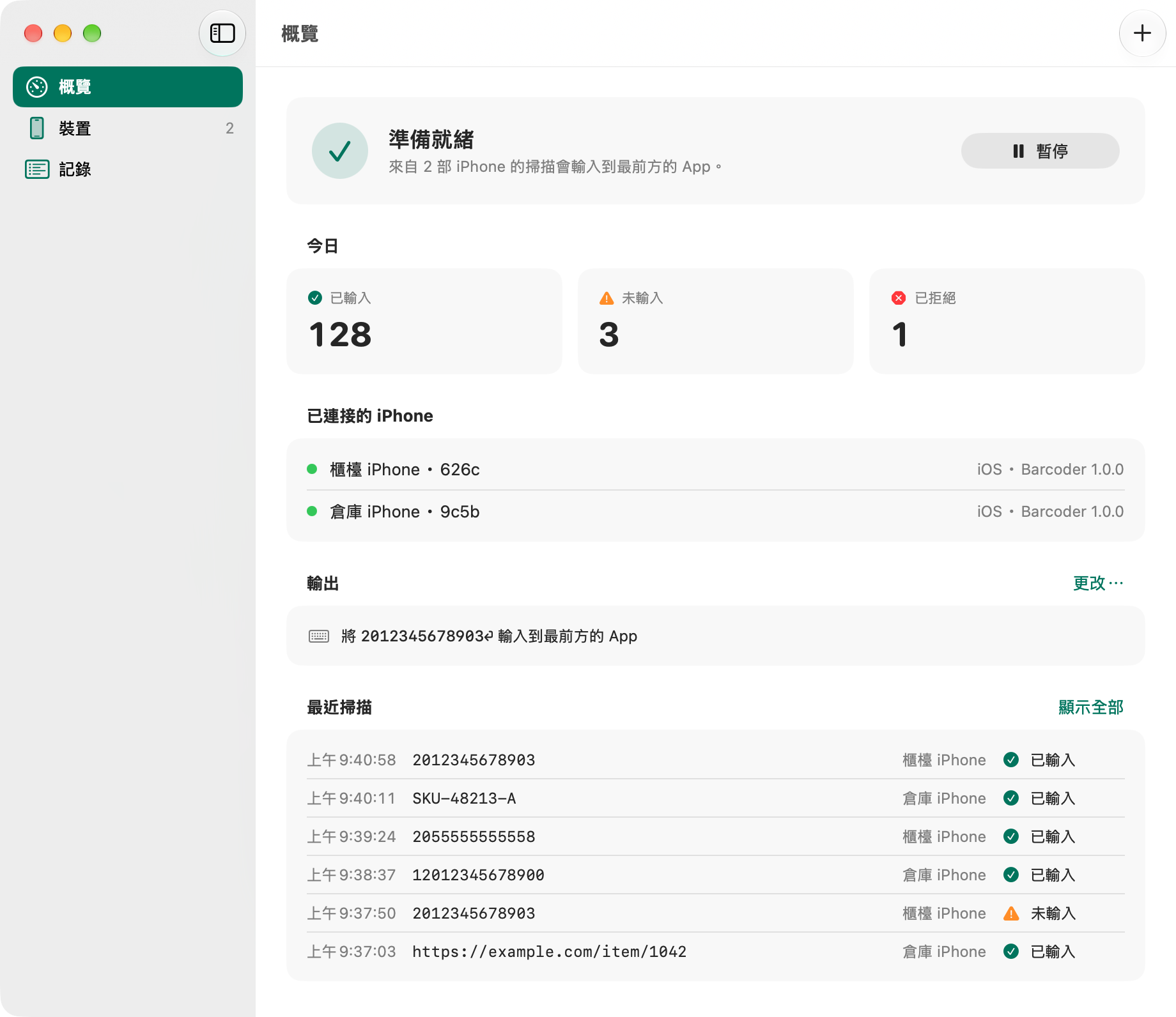Mac 版 Barcoder 的「概覽」視窗：準備就緒，已連接 2 部 iPhone，今日已輸入 128 個掃描，並顯示每次掃描會輸入的內容及最近的掃描。